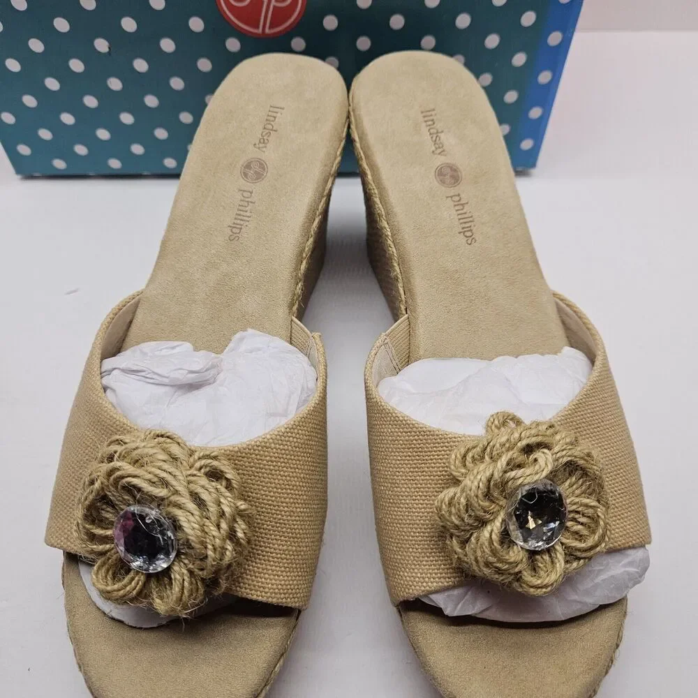 NEW Lindsay Phillips Devon light brown Wedge platform sandal size 9.5 snap shoes - Picture 3 of 8